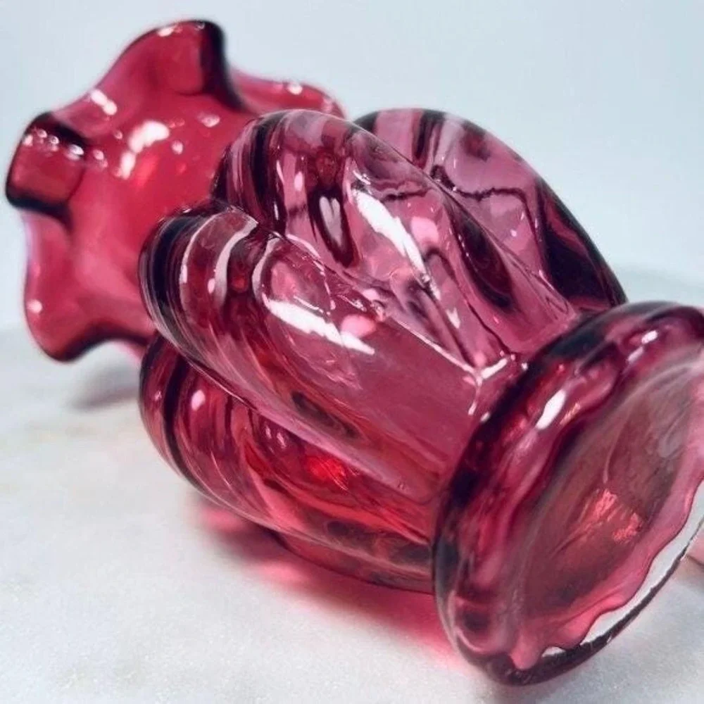 Vtg Fenton Vase Hand Blown Country Cranberry Red Glass Ruffled Optic Swirl Gift